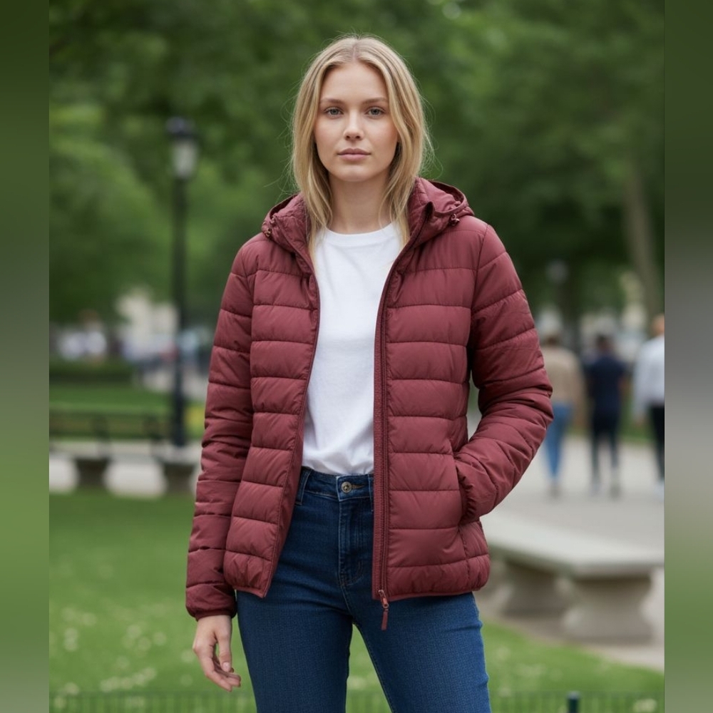 Puffer Jacket 3x Hooded With Pockets Burgundy